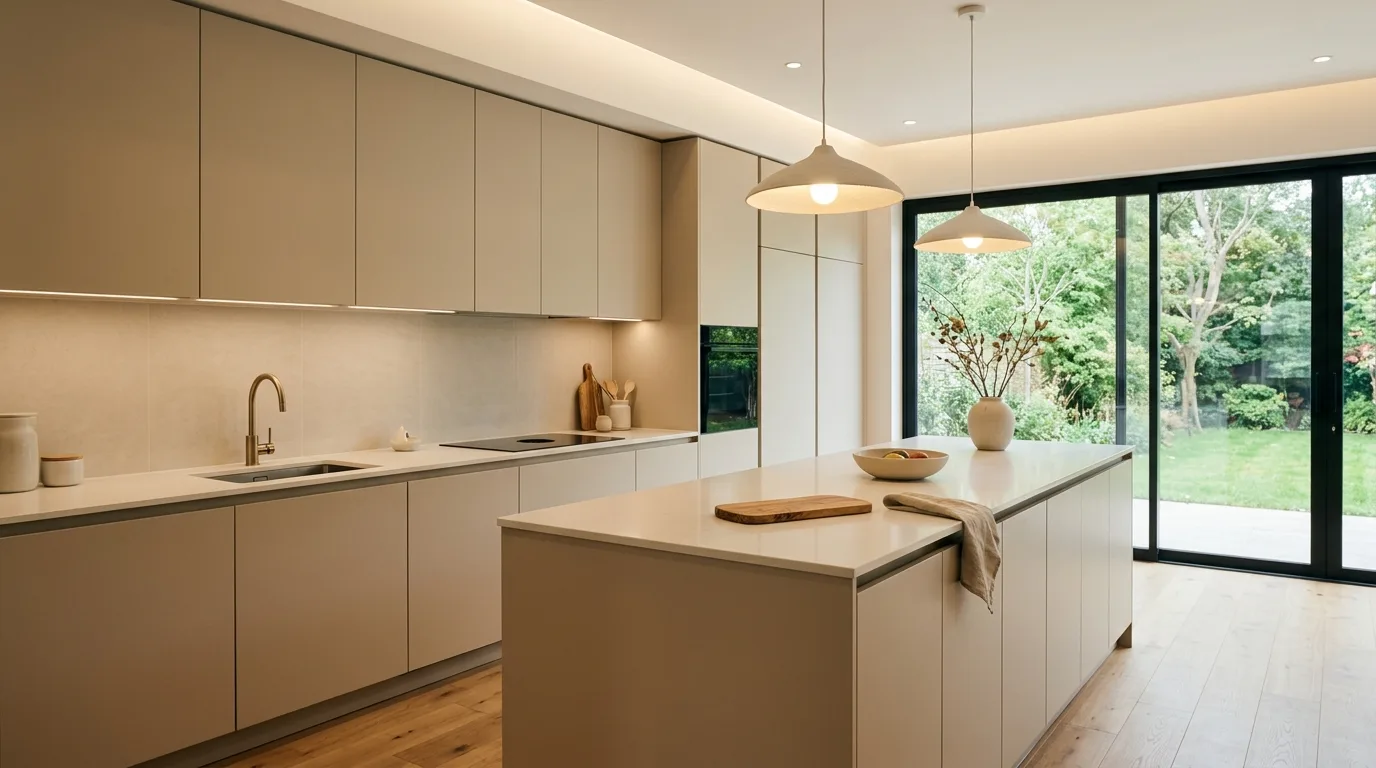 Let lighting keep the beige from reading too flat inspiration for a beige kitchen.